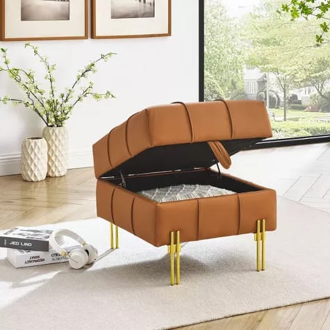 Anti-Scratch Leather Ottoman Bench with Storage and Golden Stainless Steel Legs