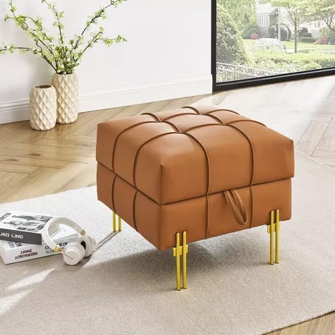 Anti-Scratch Leather Ottoman Bench with Storage and Golden Stainless Steel Legs