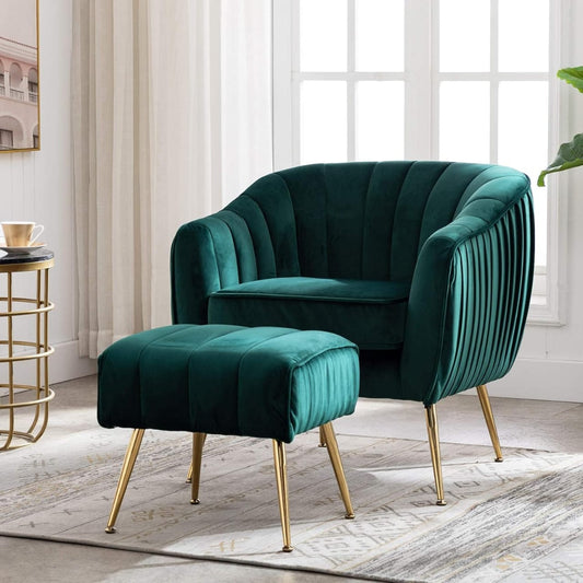 Accent Chair with Ottoman, Modern Velvet Upholstered Barrel Chair with Metal Legs and Tufted Back