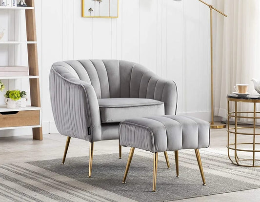 Accent Chair with Ottoman, Modern Velvet Upholstered Barrel Chair with Metal Legs and Tufted Back